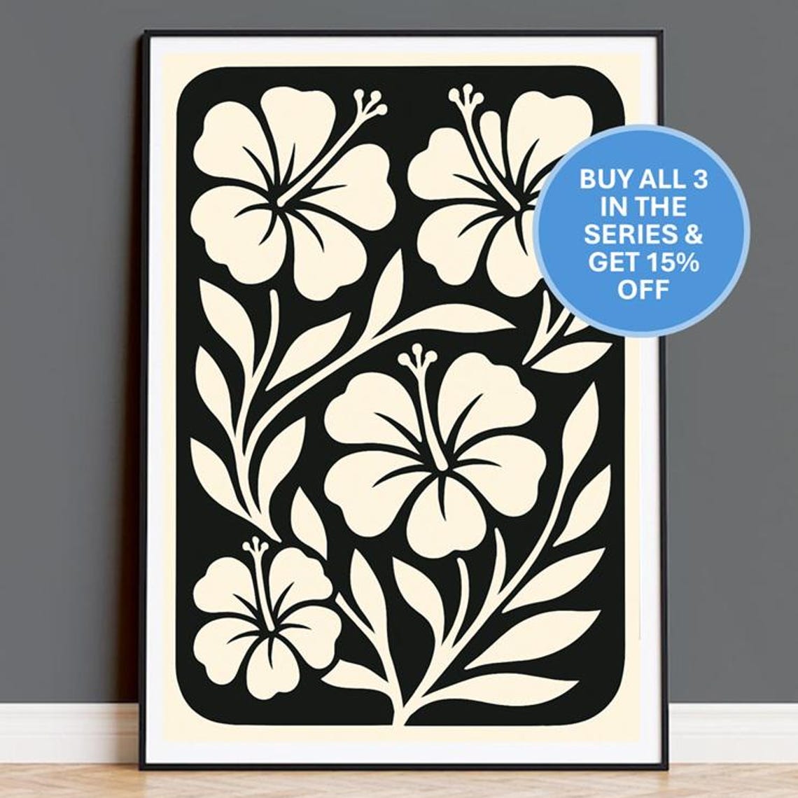 Hibiscus Flower Black Cream Botanical Minimalist Tropical Poster
