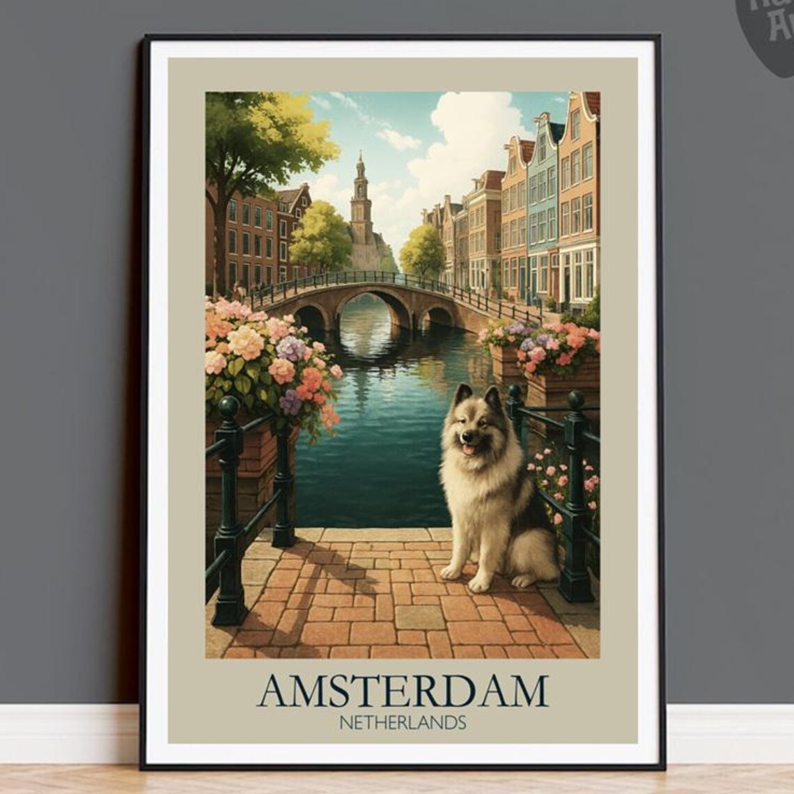 Amsterdam Netherlands Canal Bridge Vintage Travel Dog Poster