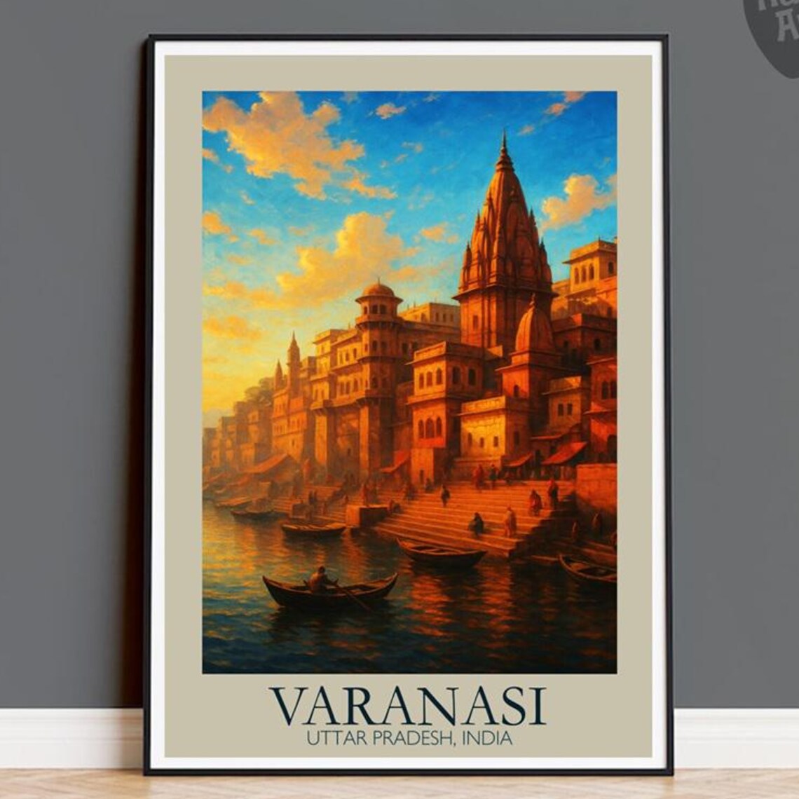 Varanasi Uttar Pradesh India Ganges Ghats Sunset Boats Travel Poster