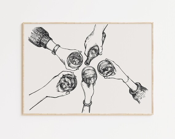 Cheers Toast Hands Raising Glasses Wine Sketch Bar Cart Poster