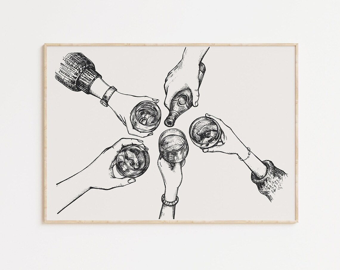 Cheers Toast Hands Raising Glasses Wine Sketch Bar Cart Poster