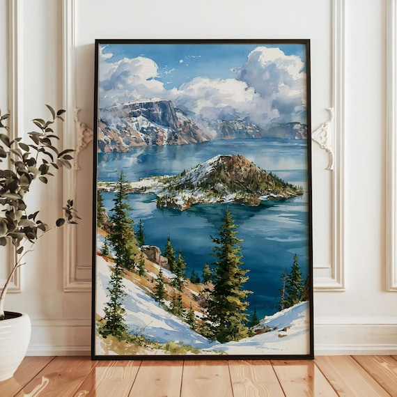 Crater Lake National Park Snowy Island Deep Blue Lake Watercolor Poster
