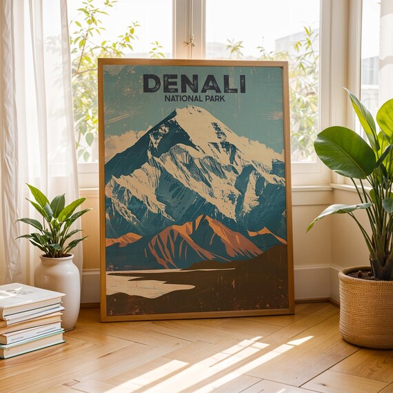 Denali National Park Vintage Snowcapped Mountain Peak Travel Art Poster