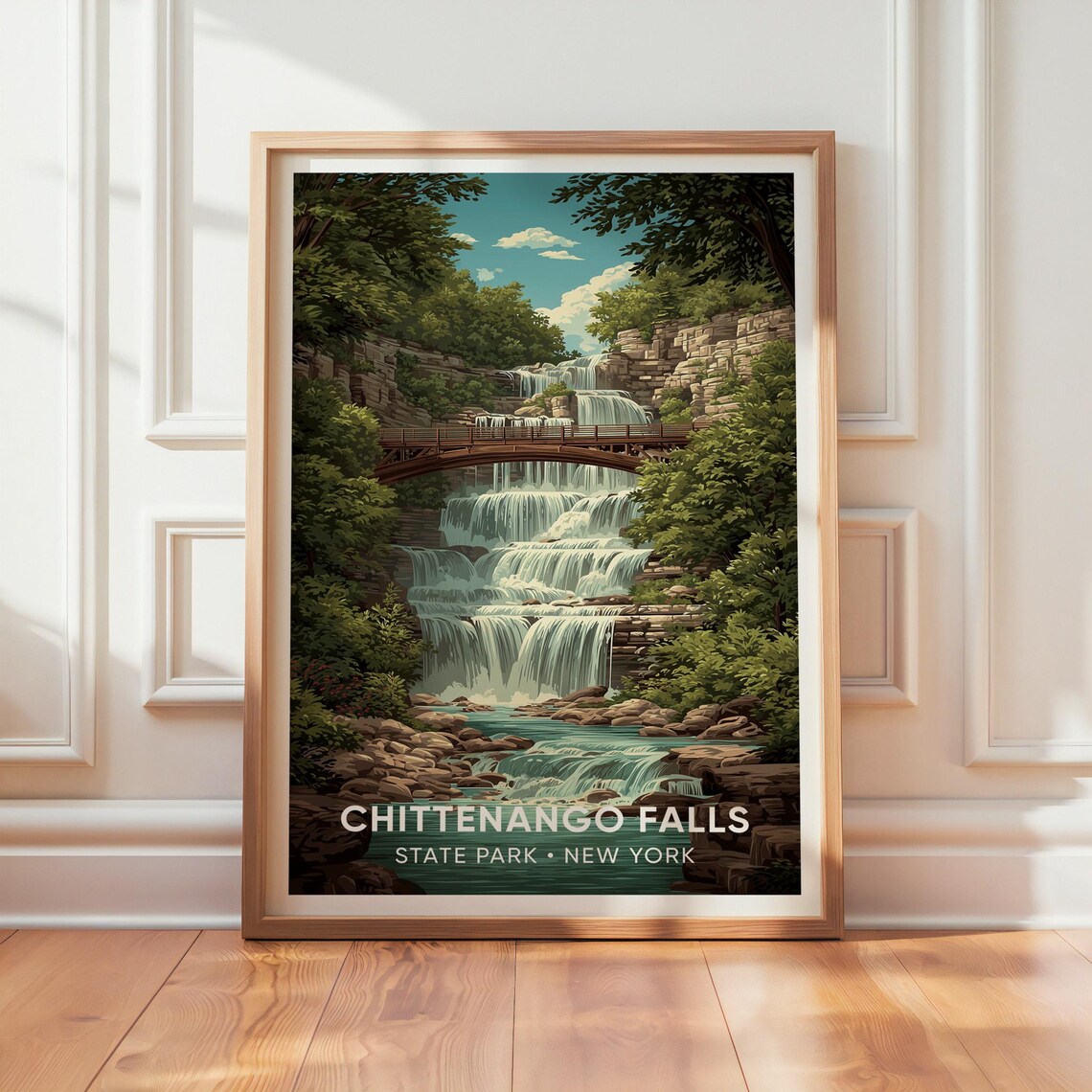 Chittenango Falls State Park New York Waterfall Bridge Vintage Travel Poster