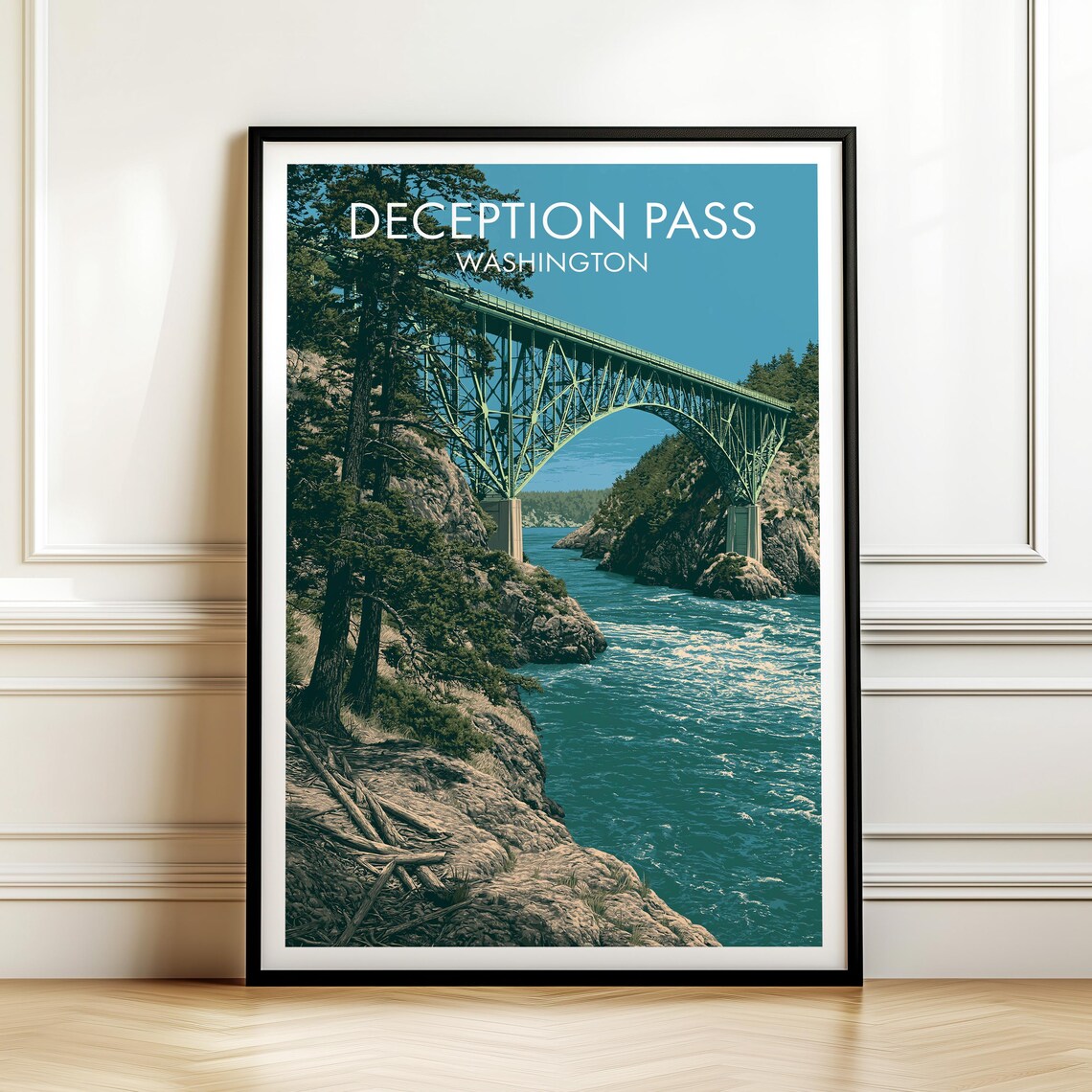 Deception Pass Washington Green Steel Bridge Over Blue Water Travel Poster