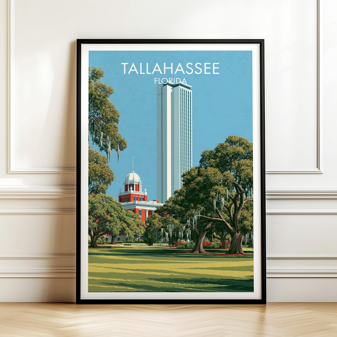 Tallahassee Florida Historic Capitol Live Oaks Retro Travel Poster