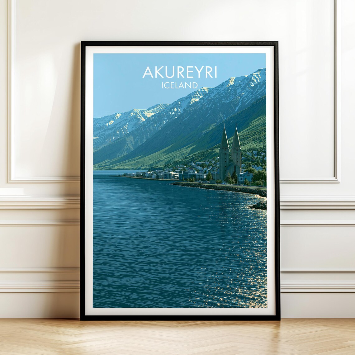 Akureyri Iceland Waterfront Church Scenic Mountains Travel Poster