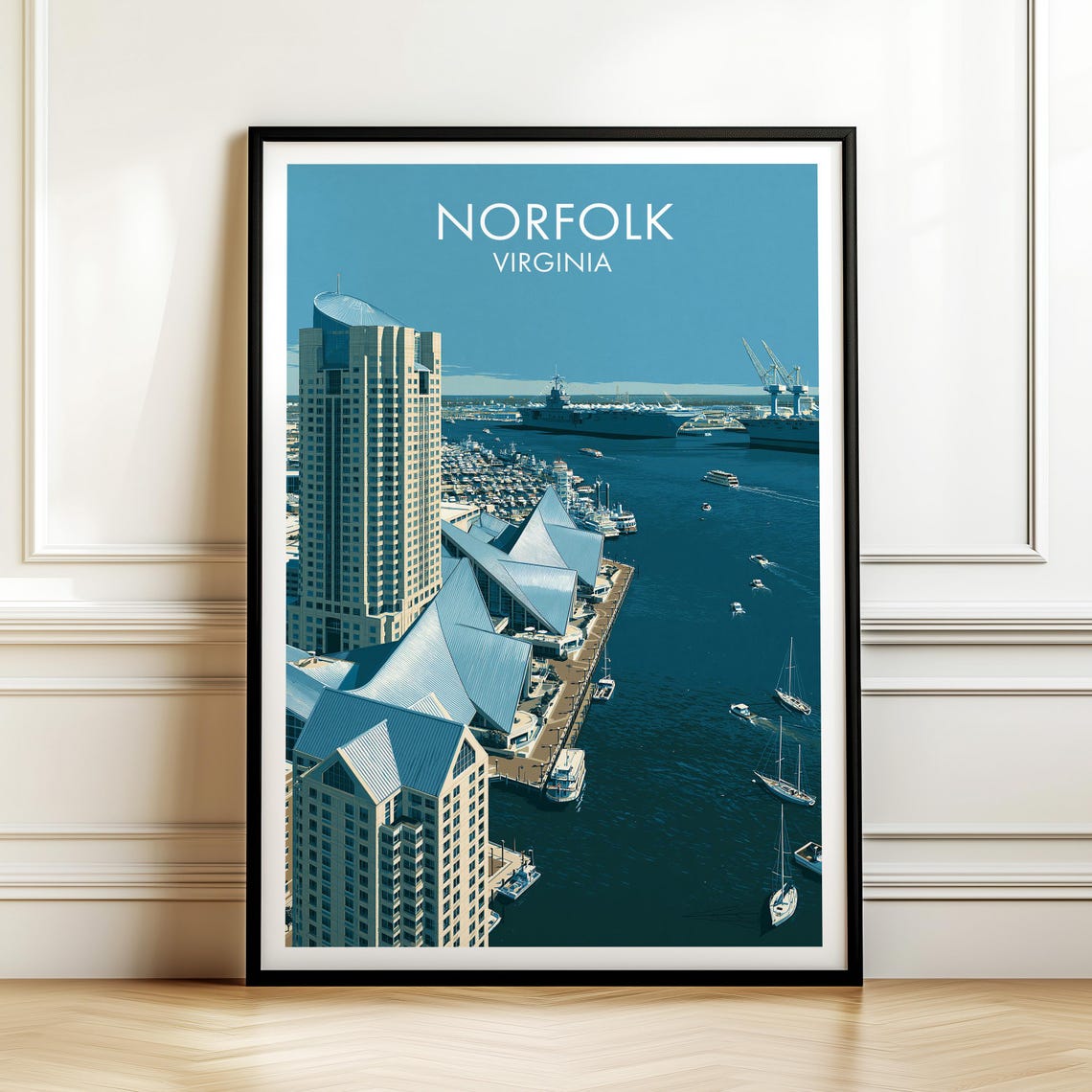 Norfolk Virginia Harbor Waterfront Skyline Vintage Travel Poster
