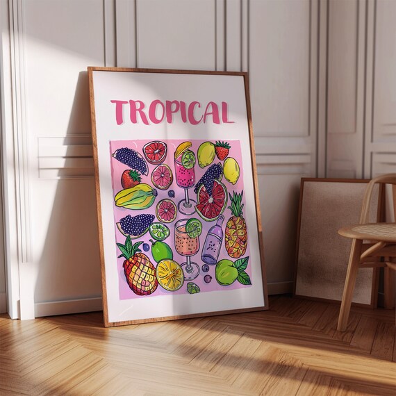 Tropical Fruits Cocktails Hand Drawn Pink Illustration Food Poster