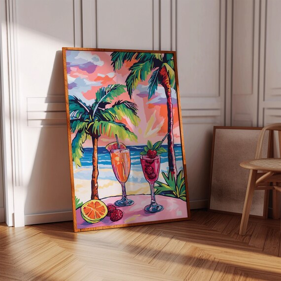 Two Cocktails Palm Trees Sunset Beach Colorful Hand Drawn Poster