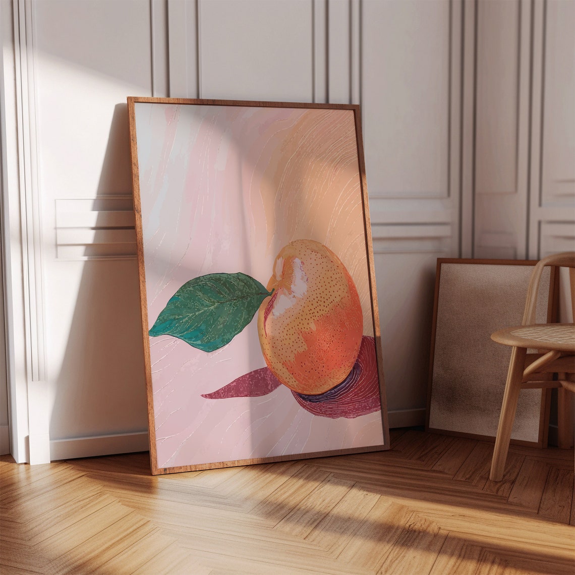 Fresh Peach Illustration on Pink Retro Kitchen Fruit Art Print Decor