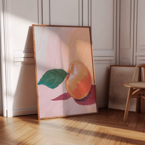 Fresh Peach Illustration on Pink Retro Kitchen Fruit Art Print Decor