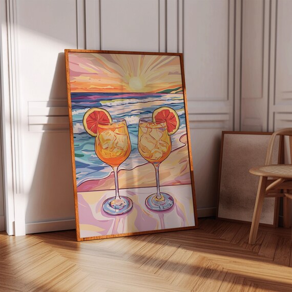 Two Aperol Spritz Cocktails Beach Sunset Colorful Coastal Artwork Poster