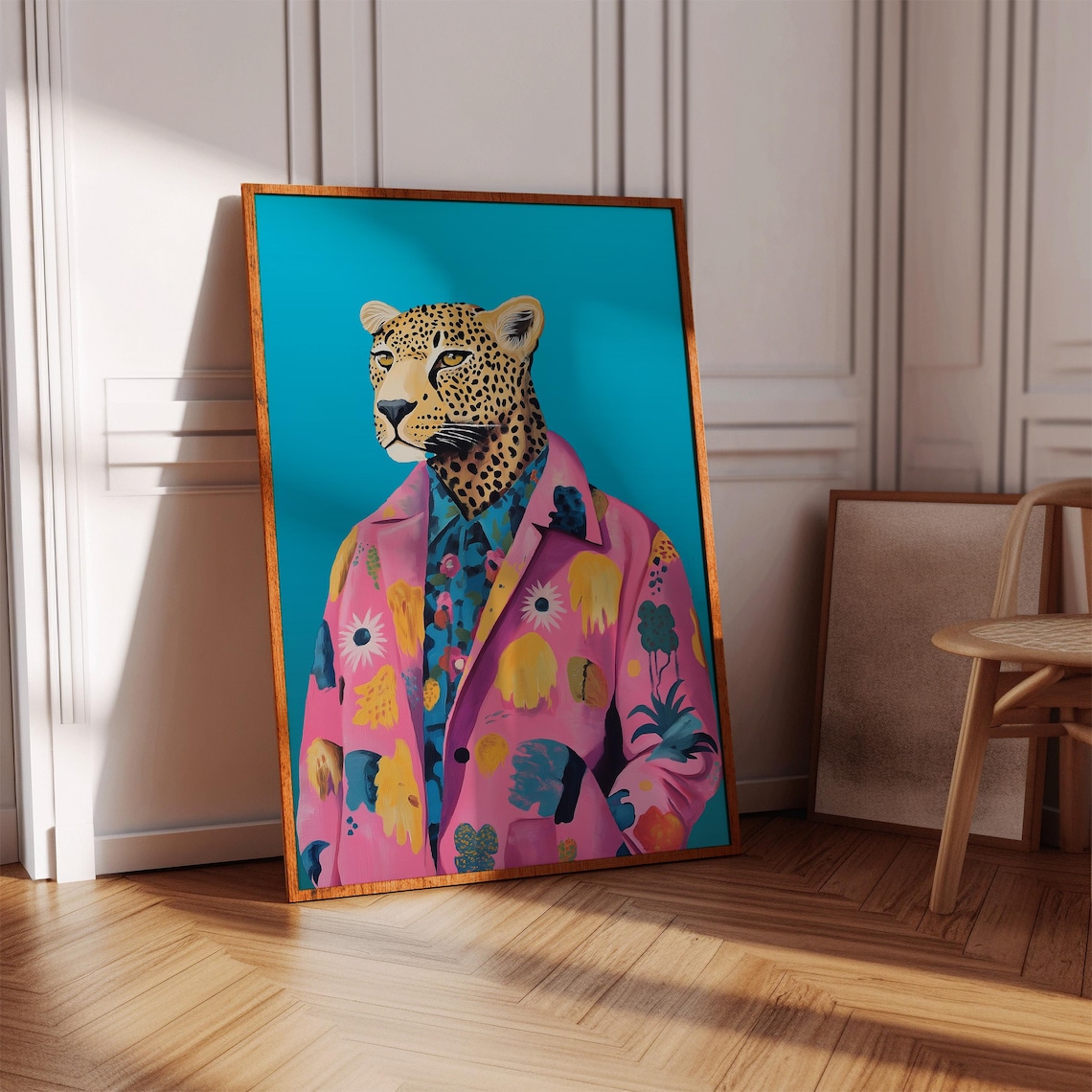 Cheetah In Pink Floral Blazer Whimsical Animal Portrait Poster