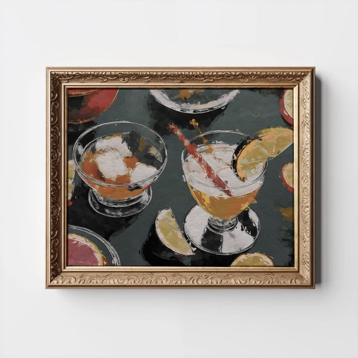Retro Cocktail Glasses Citrus Slices Moody Bar Still Life Poster