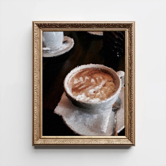 Coffee Oil Painting Print Moody Still Life Art Latte Cup Of Dark Kitchen Wall Shop
