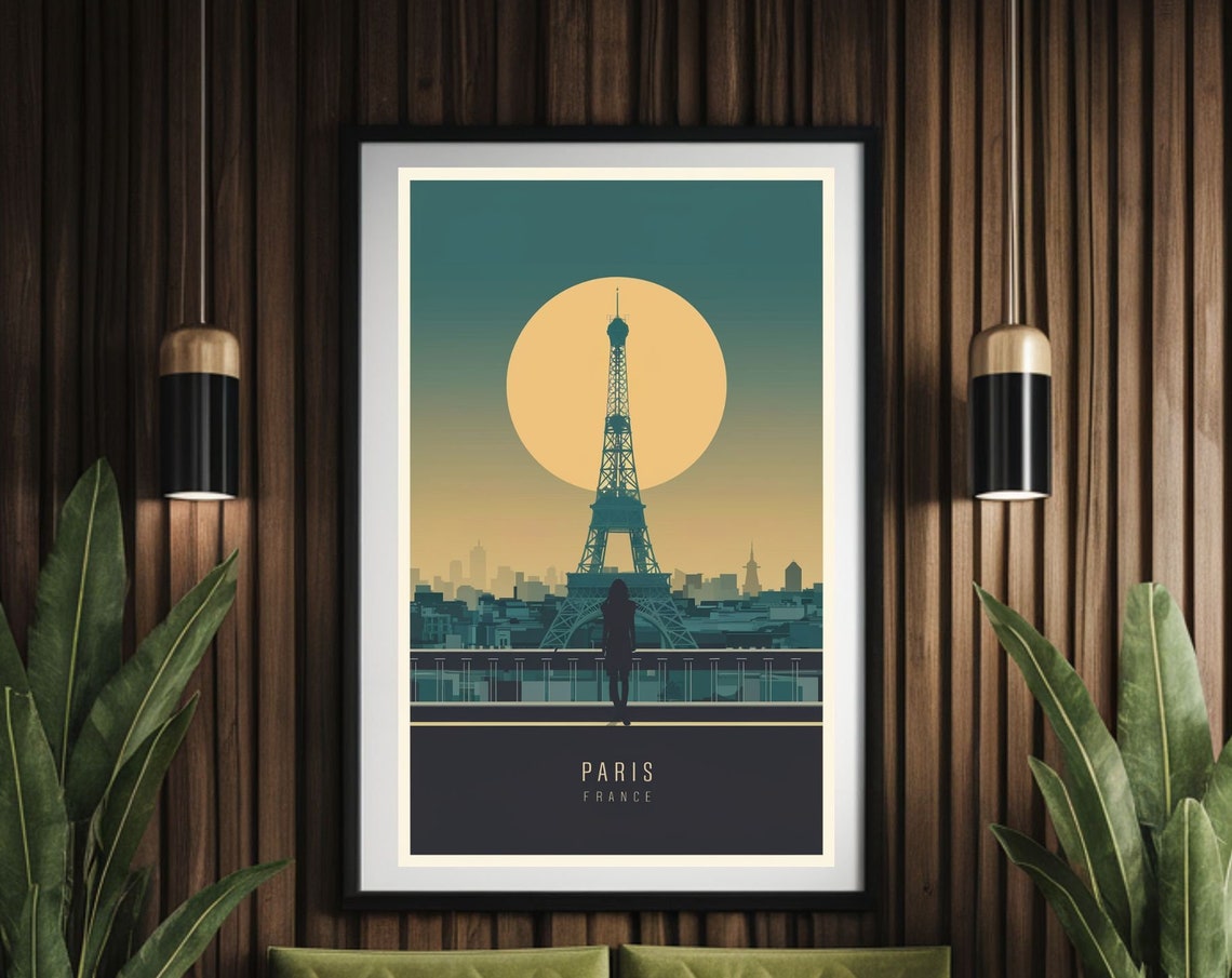 Paris Eiffel Tower Giant Sun Silhouette Bridge Vintage Poster