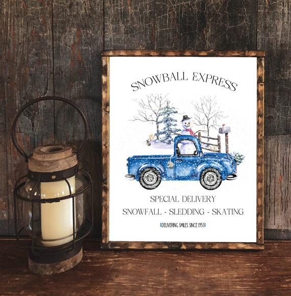 Snowball Express Blue Truck Snowman Special Delivery Winter Vintage Poster