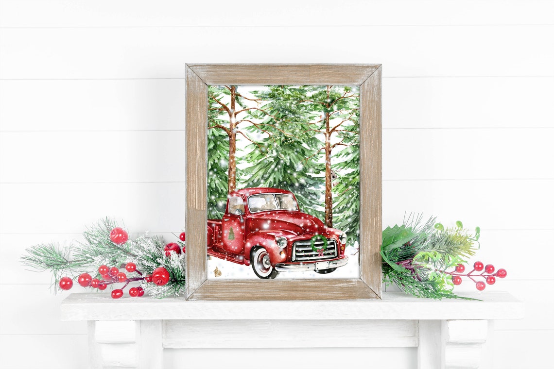 Red Vintage Truck in Snowy Pine Forest Christmas Holiday Wall Art - Image 2