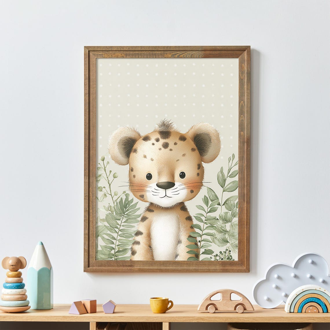Cute Baby Leopard Nursery Wall Art Safari Greenery Baby Room Decor