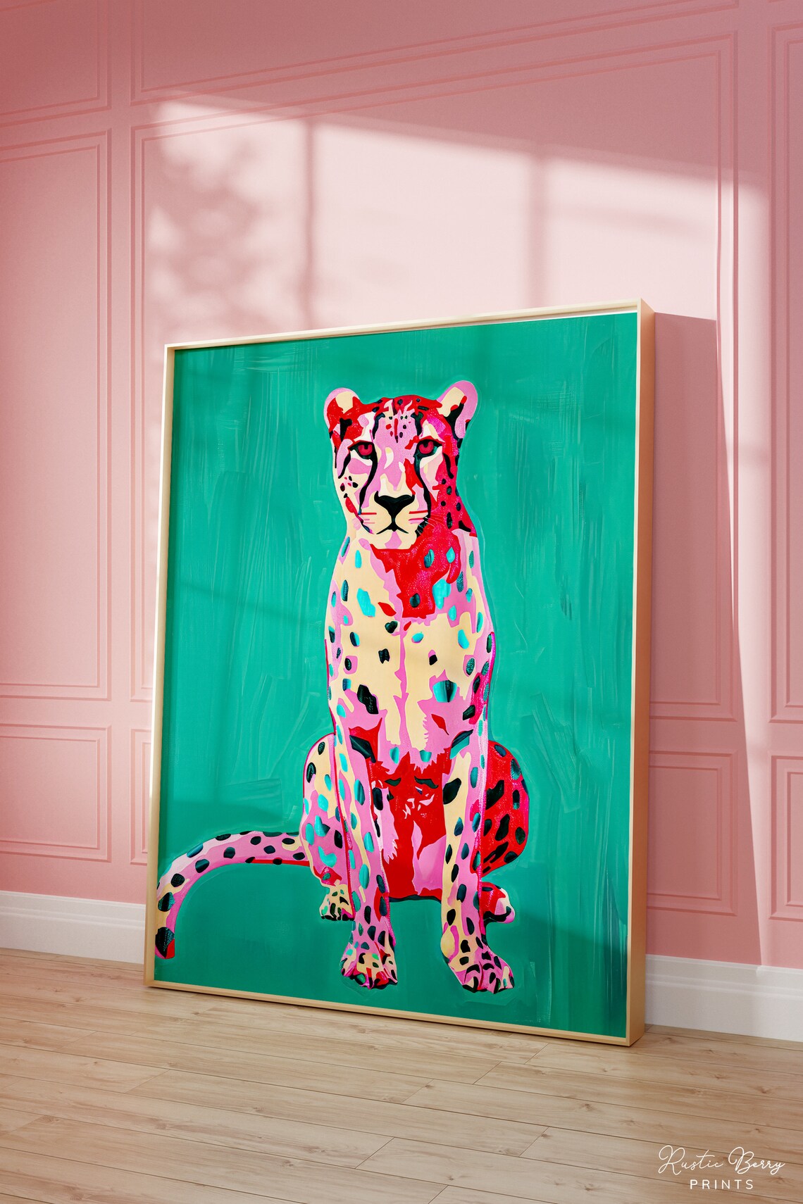 Pink Pop Art Cheetah Sitting Bright Teal Background Bold Maximalist Poster