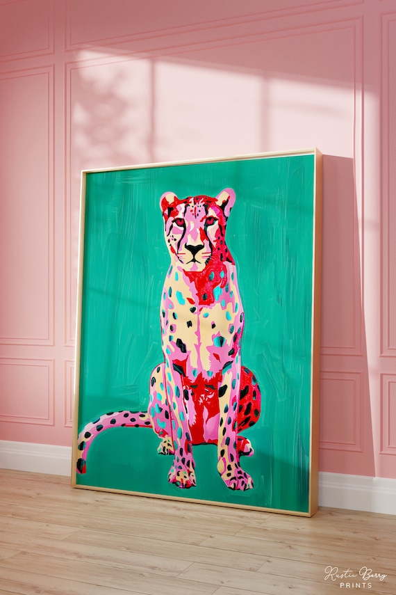 Pink Pop Art Cheetah Sitting Bright Teal Background Bold Maximalist Poster