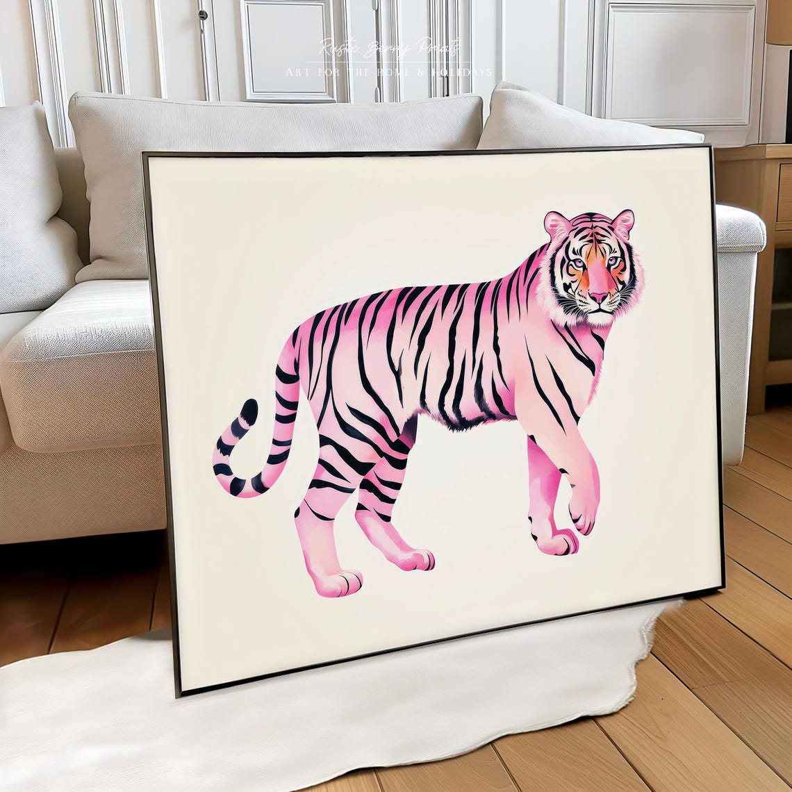Pink Tiger Standing Illustration Maximalist Animal Wall Art Print