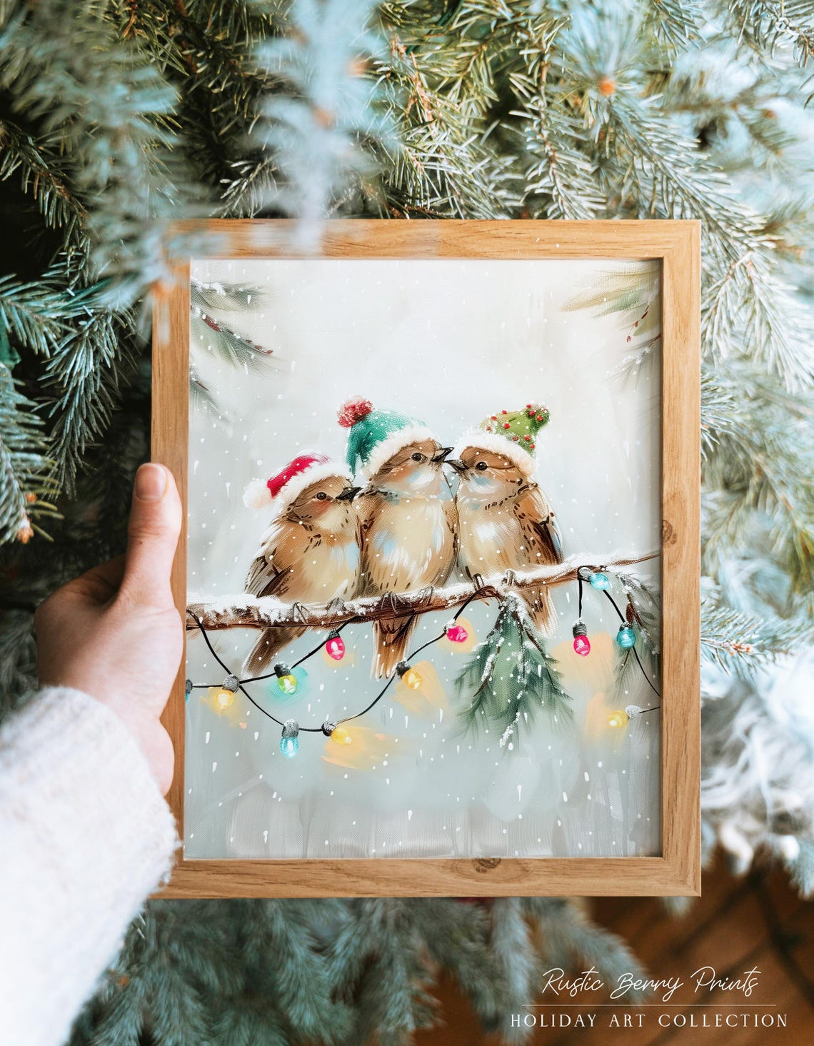 Trio Birds Santa Hats Twinkle Lights Snowy Branch Holiday Print