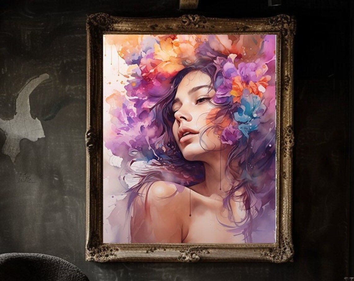 Woman With Exploding Colorful Flowers Watercolor Portrait Poster