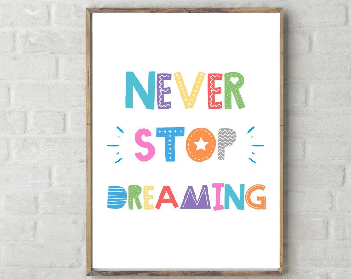 Never Stop Dreaming Rainbow Patterned Hand Lettering Kids Poster
