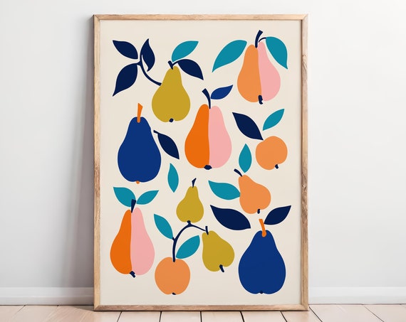 Colorful Pears Art Poster Modern Kitchen Wall Decor Vibrant Fruit Print Bold Botanical Print Rustic Farmhouse Style Minimalist Food Art