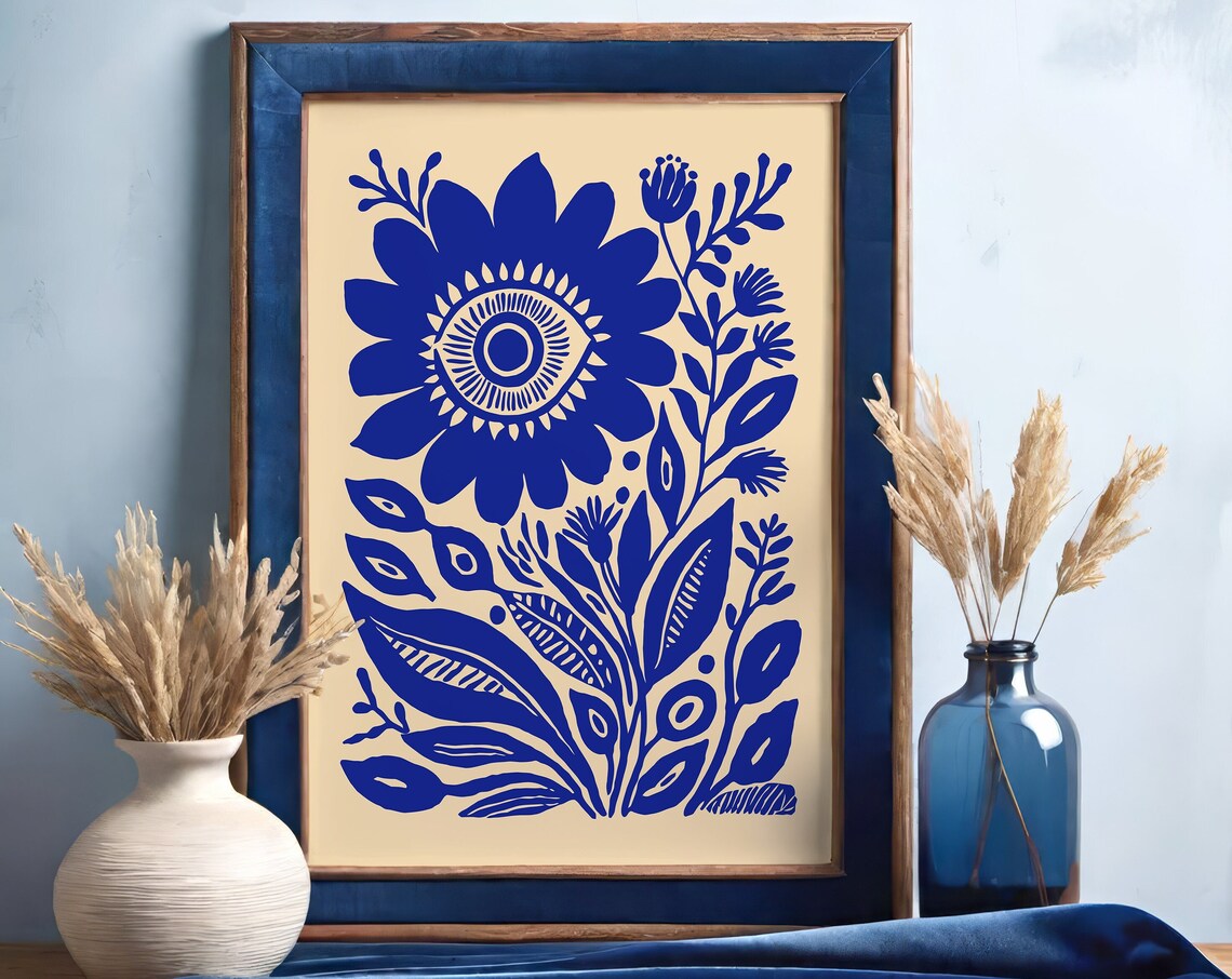 Indigo Blue Floral Eye Folk Art Bohemian Style Vintage Poster