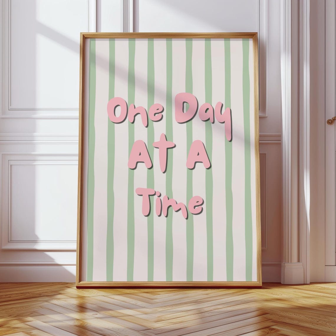 One Day At A Time Inspirational Pink Quote Green Stripe Wall Art
