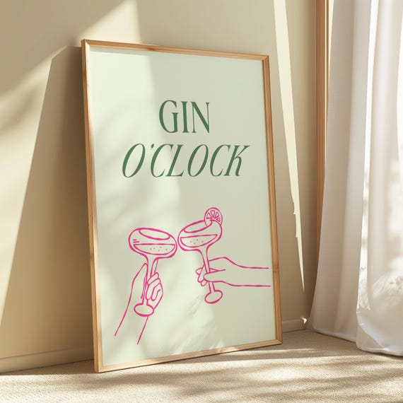 Gin Oclock Cocktail Glass Illustration Bar Decor Lover Gift Fun Drink Quote Kitchen Poster Booze Wall Art