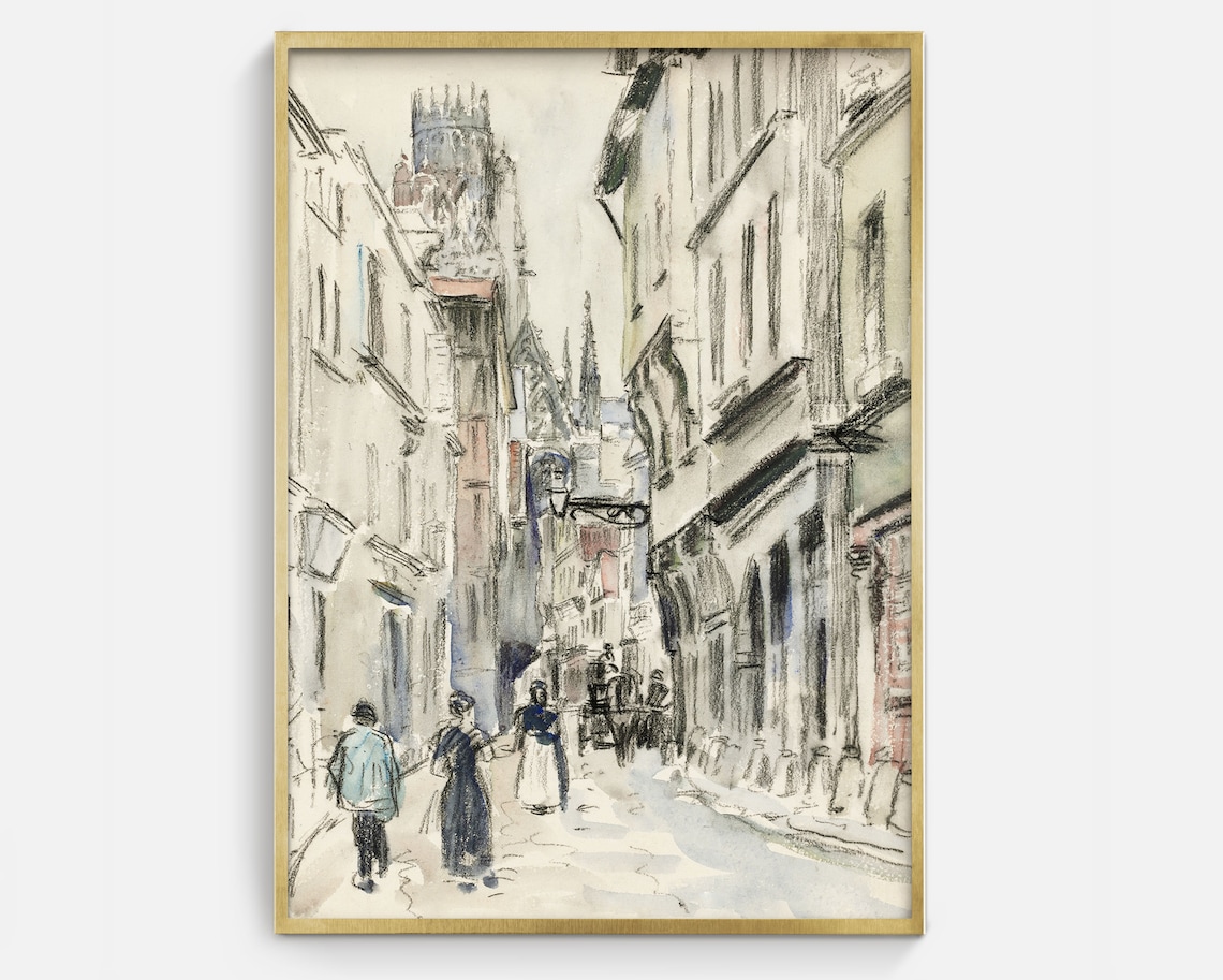 Old European Street Watercolor With Church Tower Cityscape Art Poster