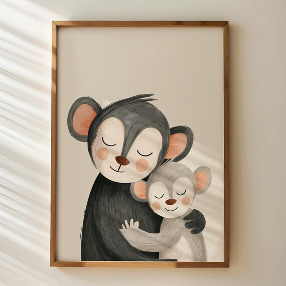 Mama Monkey Hugging Baby Cute Cartoon Nursery Animal Wall Art