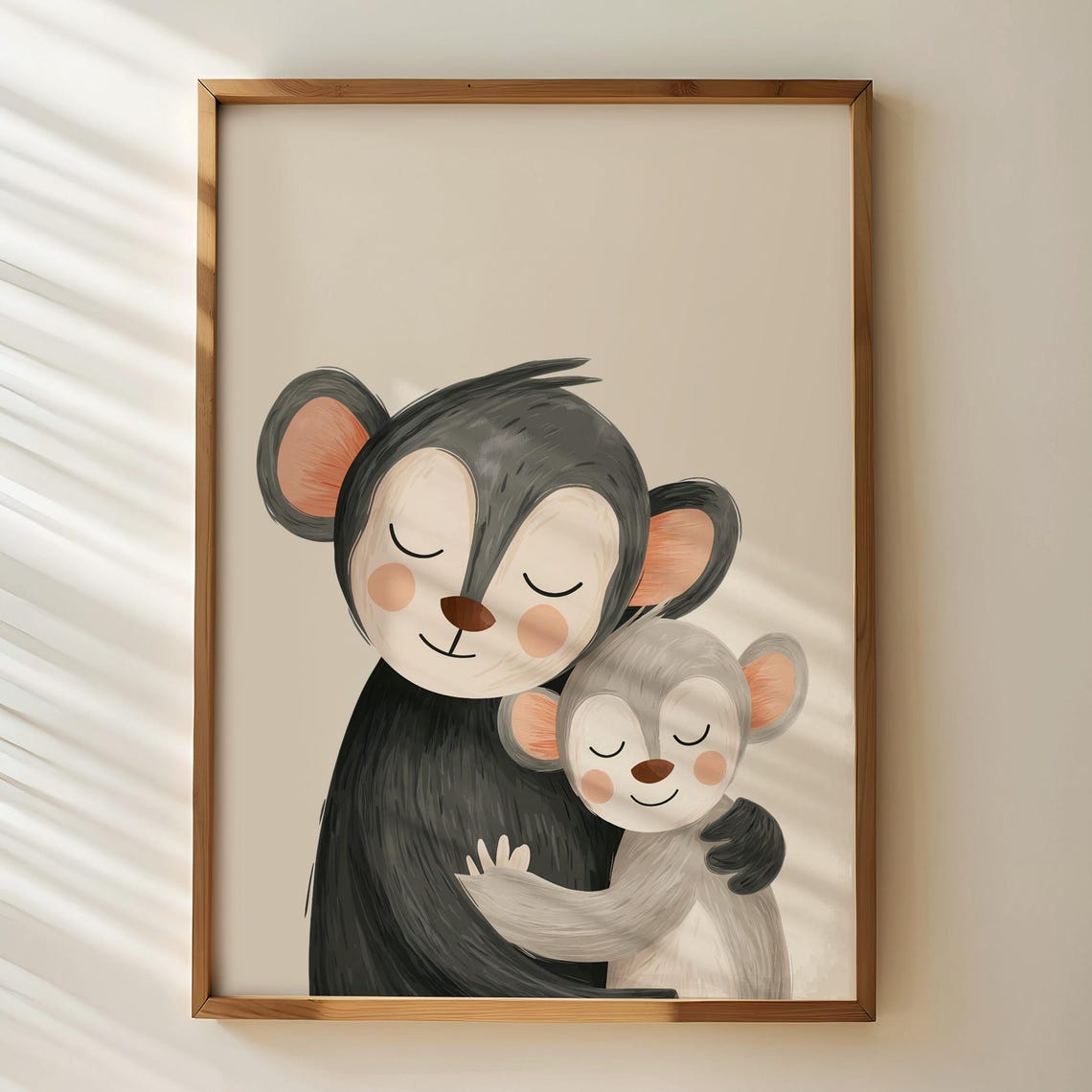 Mama Monkey Hugging Baby Cute Cartoon Nursery Animal Wall Art