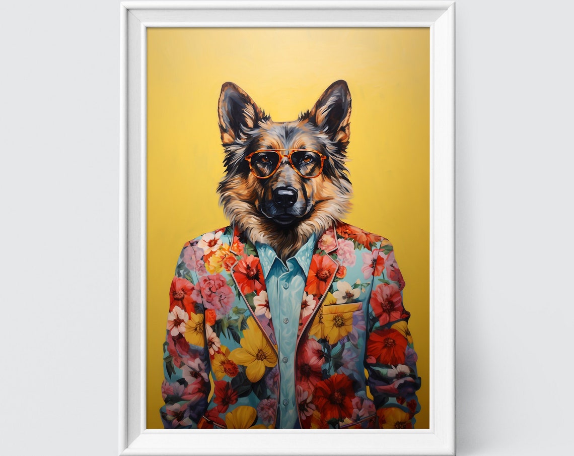 German Shepherd Dog in a Bright Floral Jacket Fashion Portrait Poster