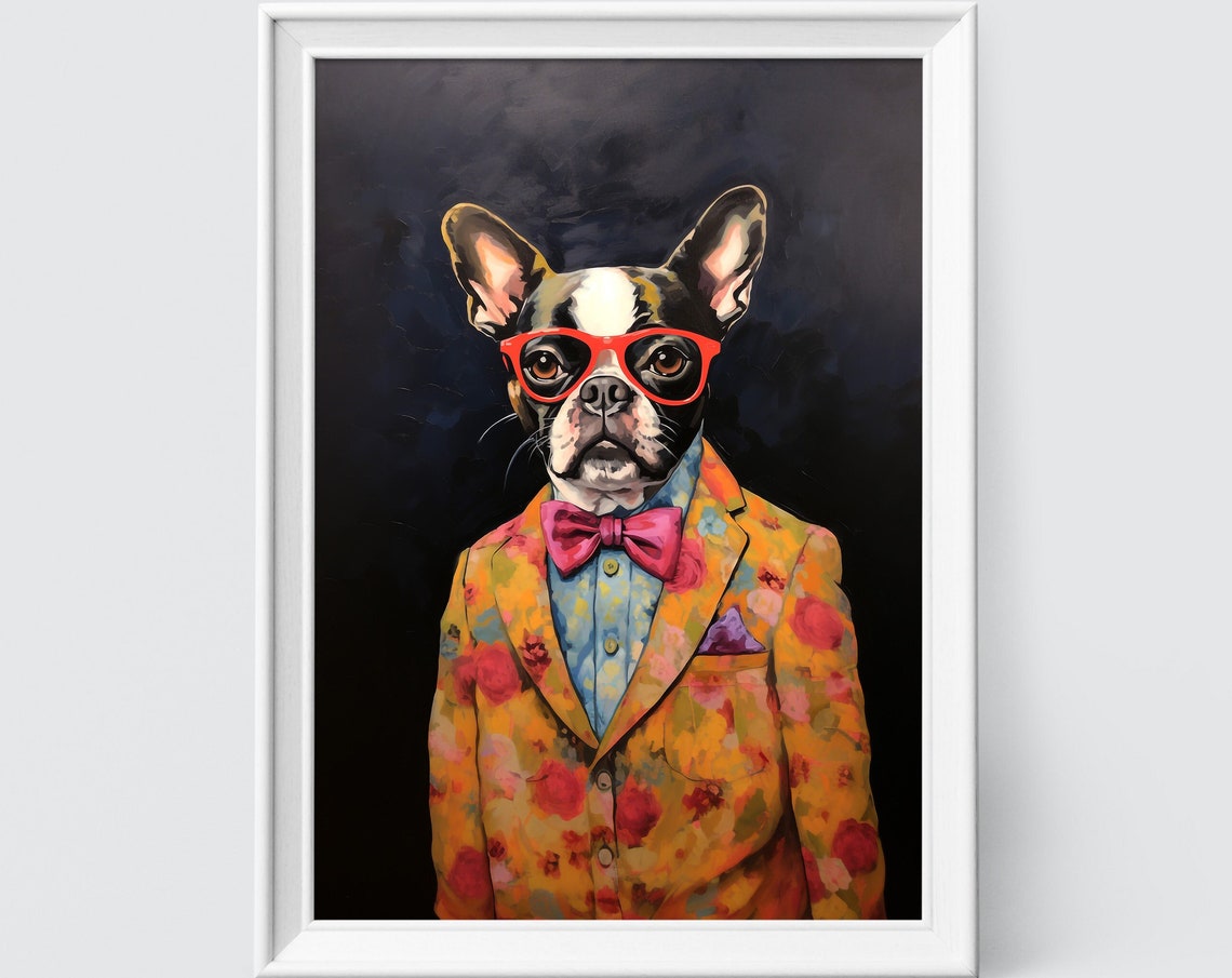Boston Terrier Dog in an Orange Floral Suit with Bow Tie Poster