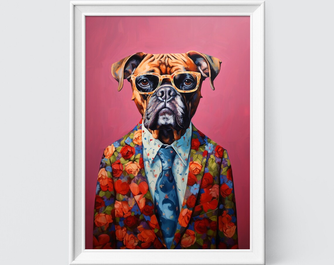 Fawn Boxer Dog in a Floral Suit with Oversized Glasses Poster