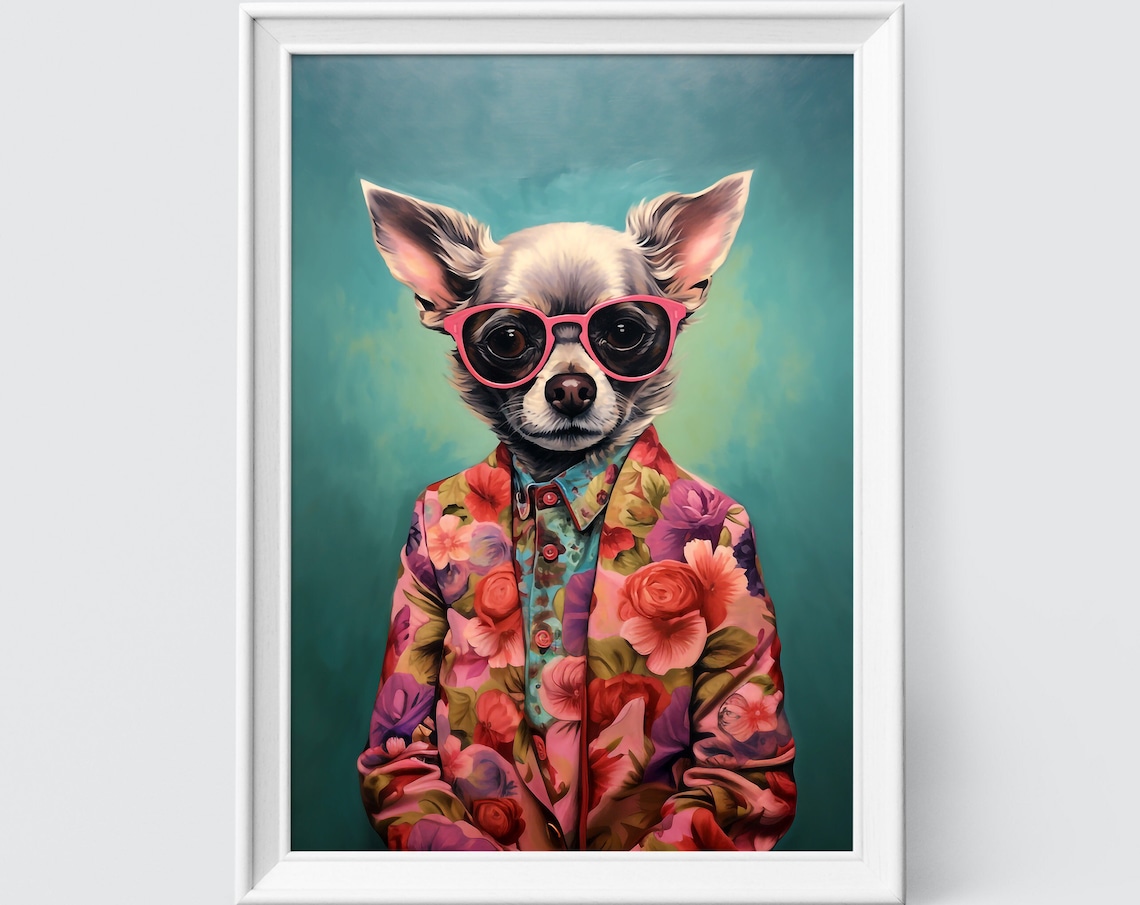 Chihuahua In Pink Sunglasses Floral Suit Funny Dog Portrait Poster