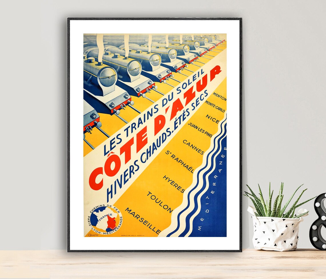 Les Trains Du Soleil Cote d Azur French Riviera Rail Vintage Poster