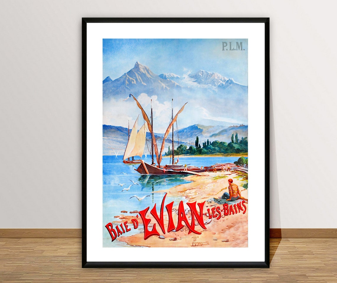 Baie d'Evian les Bains Vintage French Lake Sailboat Mountain Poster - Image 2