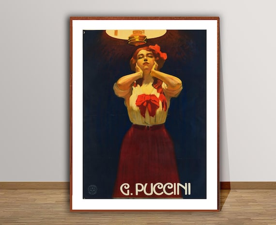 G Puccini Woman in Red Dress Lamp Cappiello Style Vintage Ad Poster