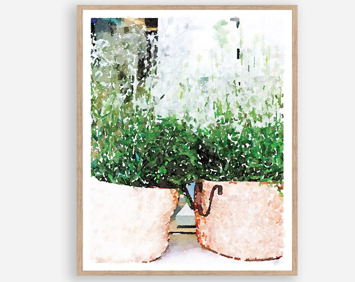 Potted Green Plants Watercolor Poster in Farmhouse Style Botanical Decor