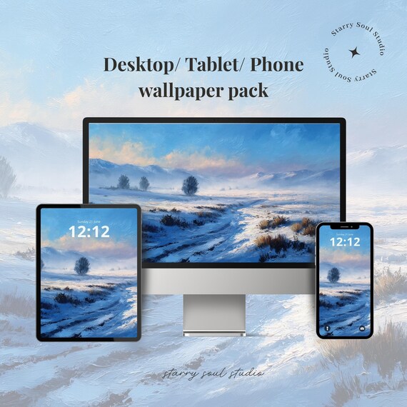 Peaceful Snowy Blue Winter Landscape Desktop Phone Wallpaper Poster