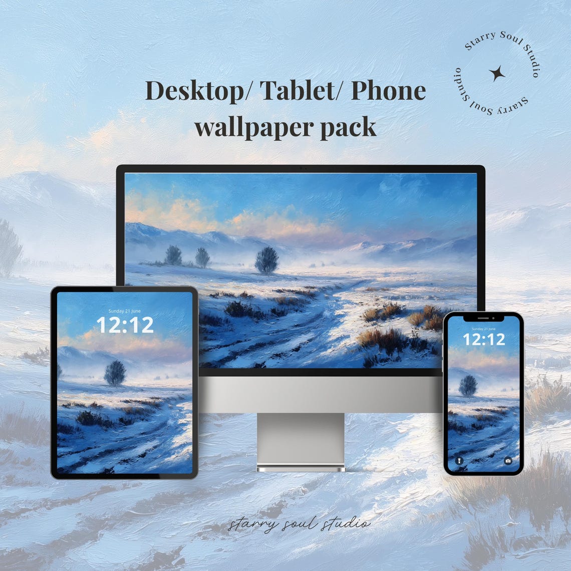 Peaceful Snowy Blue Winter Landscape Desktop Phone Wallpaper Poster
