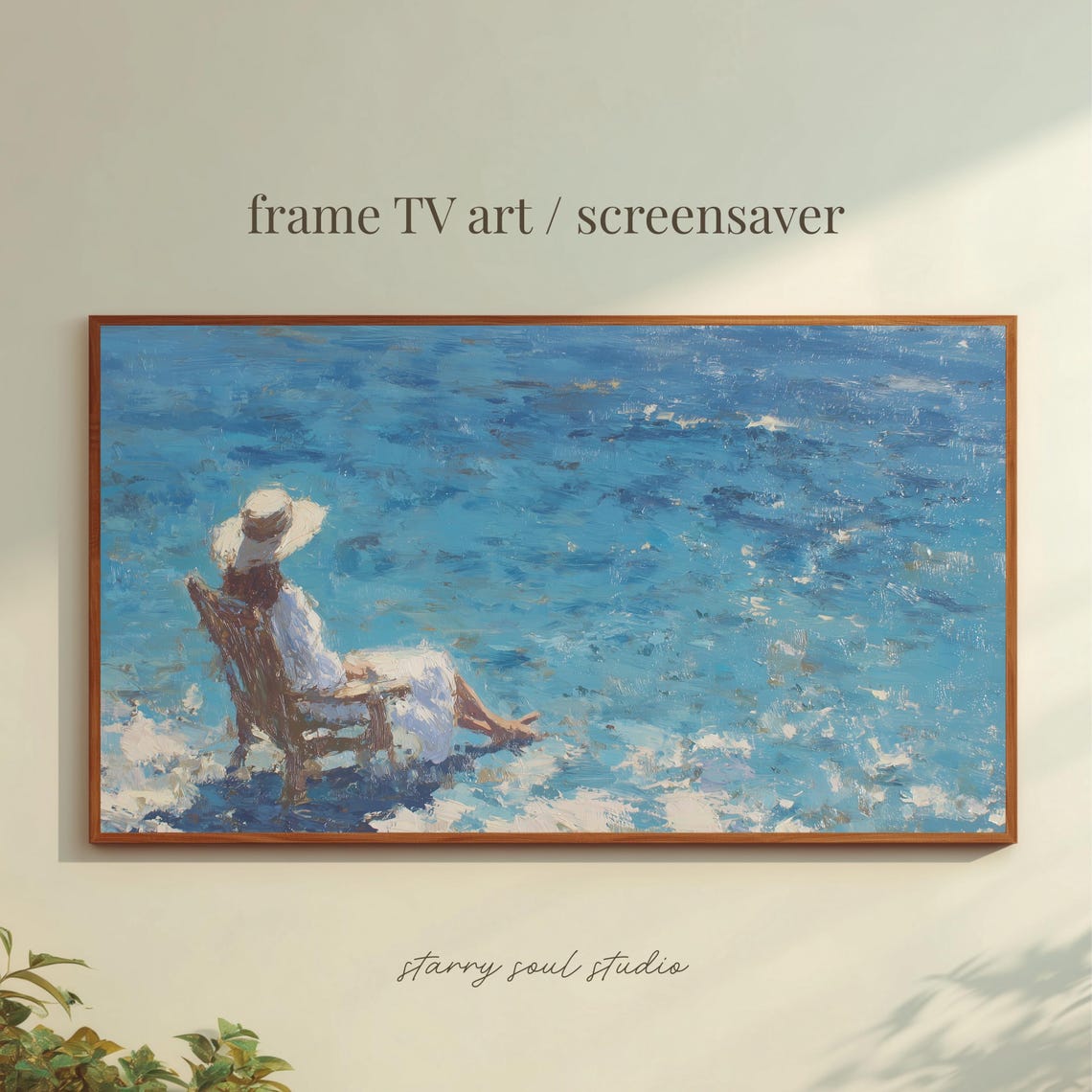 Woman at the Beach Blue Ocean Seaside Impressionist Style Wall Art