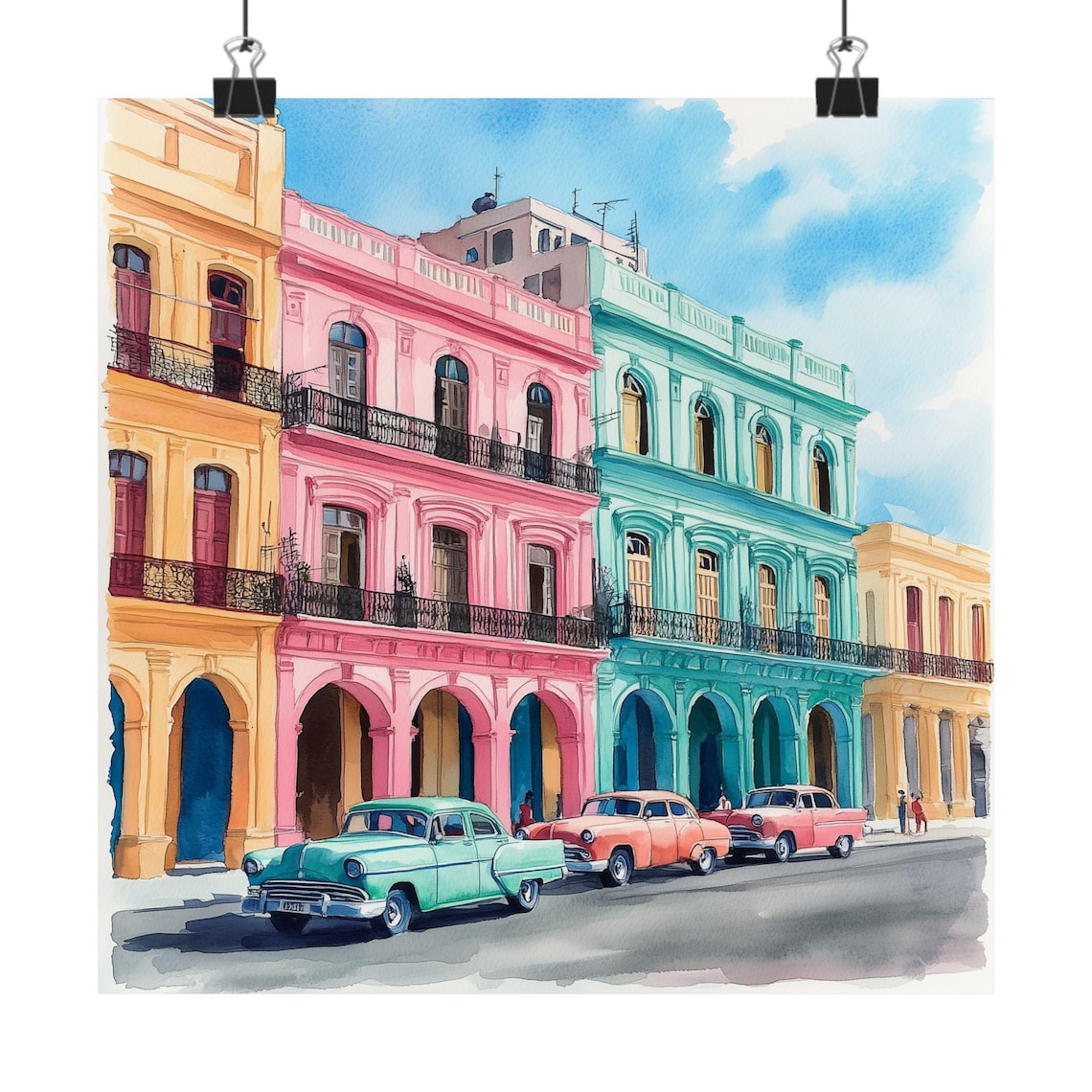 Old Havana Cuba Colorful Baroque Street Classic Cars Watercolor Poster