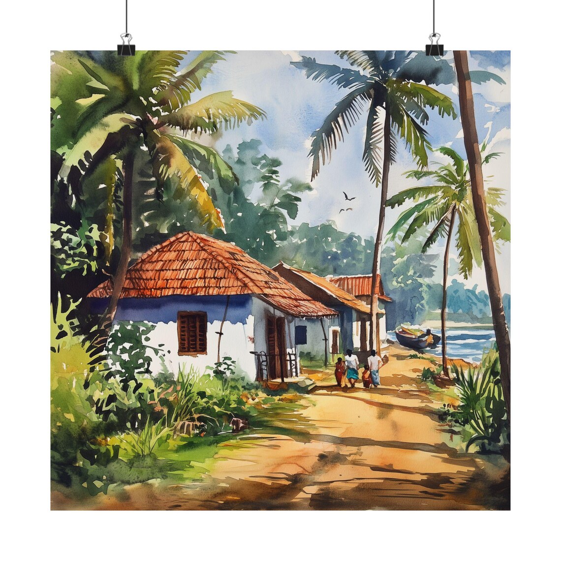 Kerala India Palm Trees Coastal Village House Watercolor Travel Poster